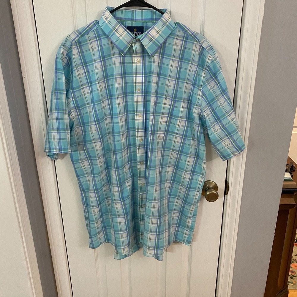 Stafford Button Down Shirt Mens 17.5 Teal Blue Plaid Short Sleeve Travel Regular